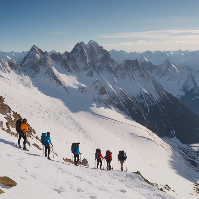 Awe-Inspiring Mountain Vista: Hikers Conquer the Snowy Peaks