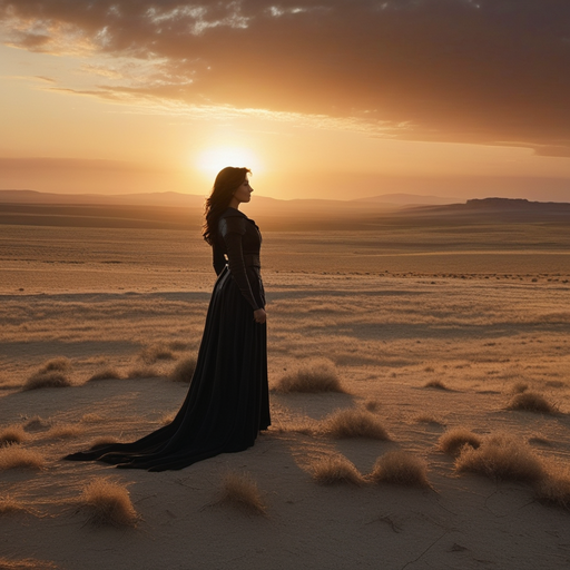 Silhouetted Solitude: A Woman’s Melancholy in the Desert Sunset