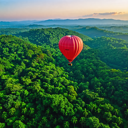 Soaring Serenity: A Red Balloon Above Emerald Forests