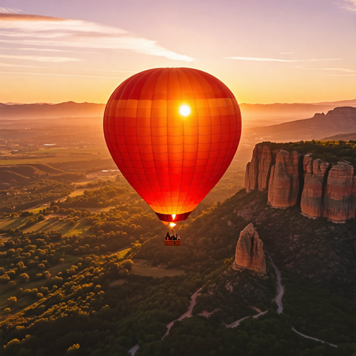 Sunset Magic: Hot Air Balloon Soars Over Majestic Mountains