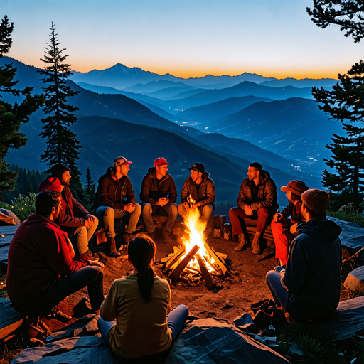 Campfire Glow on a Mountaintop: Friends Embrace the Tranquil View