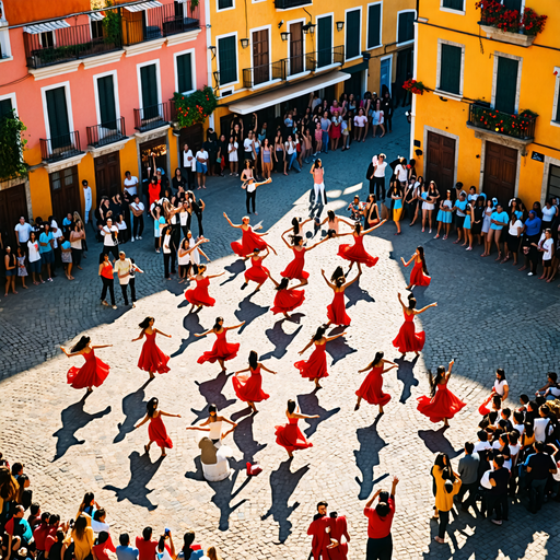 Red Dresses Dance in a Festive Square