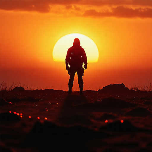 A Lone Figure Contemplates the Setting Sun on a Barren World