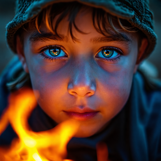 Intrigued by the Flames: A Boy’s Mysterious Gaze