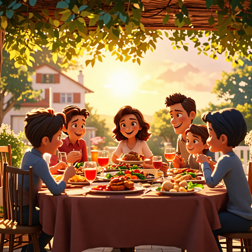 Sunset Smiles: A Cartoon Family’s Joyful Meal