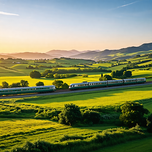 Sunset Serenity: Train Journey Through a Lush Valley