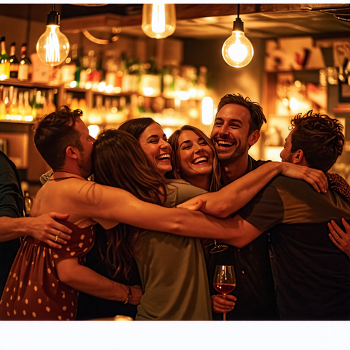 Warm Embrace: Friends Celebrate in a Cozy Bar