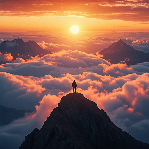 Sunrise Majesty: A Solitary Figure Contemplates the World Above the Clouds