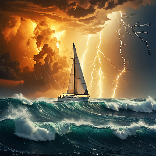 Lightning Strikes a Sailboat in a Dramatic Sea Storm