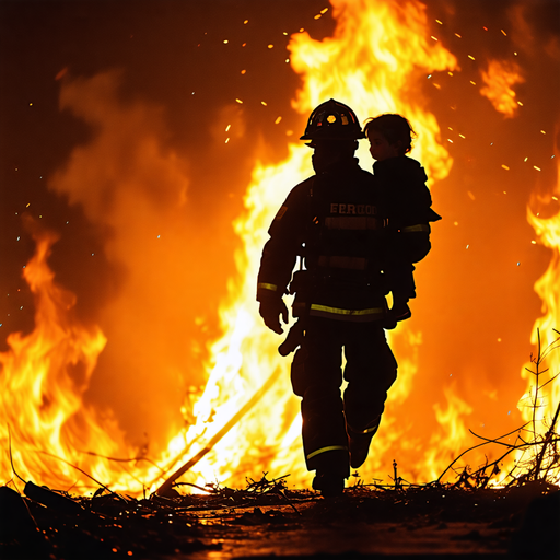 Heroic Silhouette: Firefighter Rescues Child from Blazing Inferno