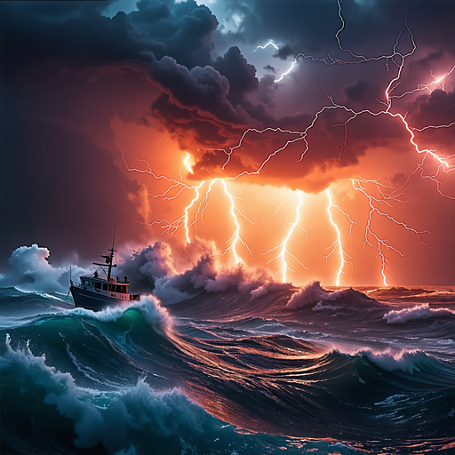 A Lone Boat Battles a Furious Storm