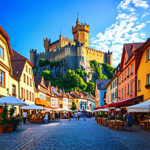 Charming Cobblestone Street with Majestic Castle in the Background