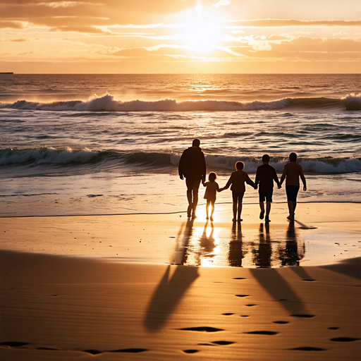 Sunset Silhouette: A Family’s Tranquil Walk on the Beach