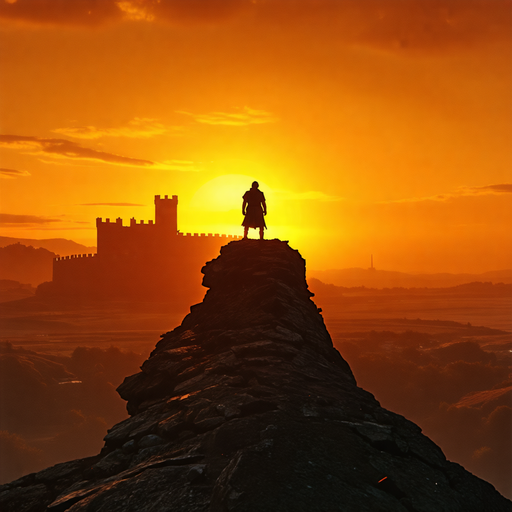 Silhouetted Against the Sunset: A Lone Figure and a Majestic Castle