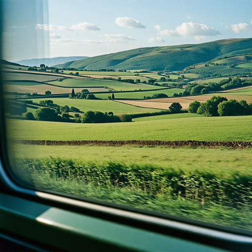 Tranquil Countryside Glimpsed Through a Moving Train Window