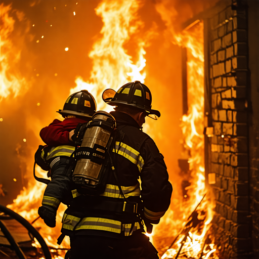 Heroic Silhouette: Firefighter Rescues Child from Blazing Building