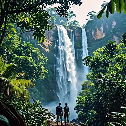 Lost in the Majesty: Two Figures Stand Before a Breathtaking Waterfall