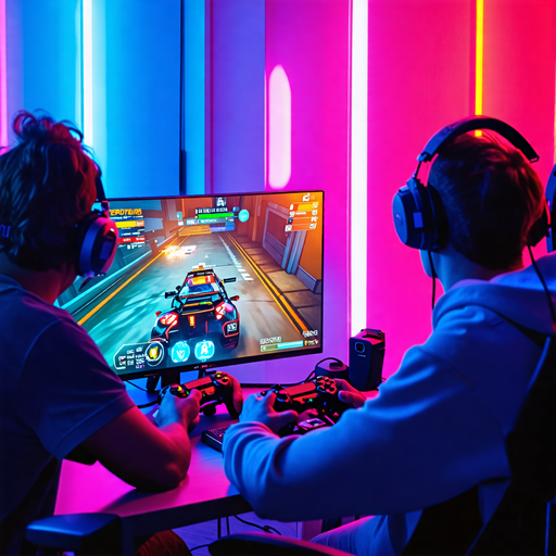 Neon Glow, Intense Focus: Two Gamers Locked in a Digital Battle