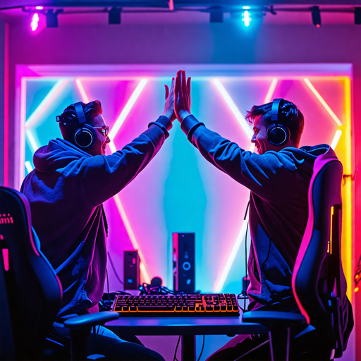 Victory High Five: Gamers Celebrate Under Neon Lights