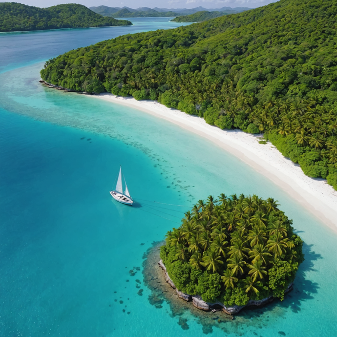 Tranquil Paradise: Sailboat Anchored in a Tropical Lagoon