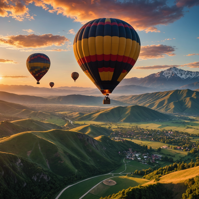 Serene Sunset Flight: Hot Air Balloons Soar Over a Lush Valley