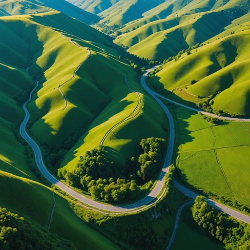 Serene Aerial View of Winding Road Through Lush Hills