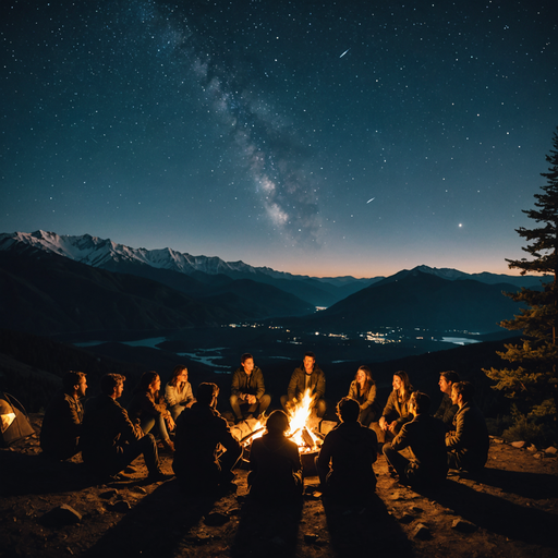 Starry Night Adventure: Friends Gather Around a Campfire