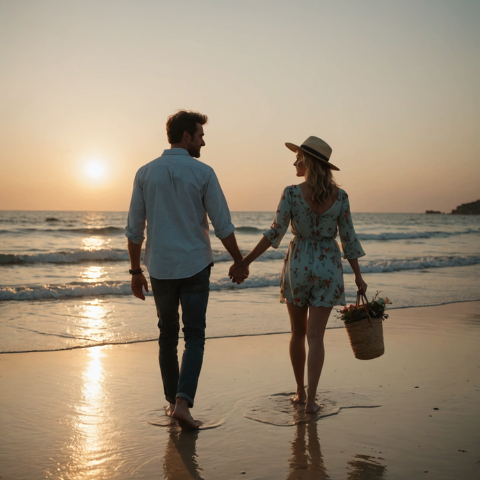 Sunset Romance: A Couple’s Stroll on the Beach