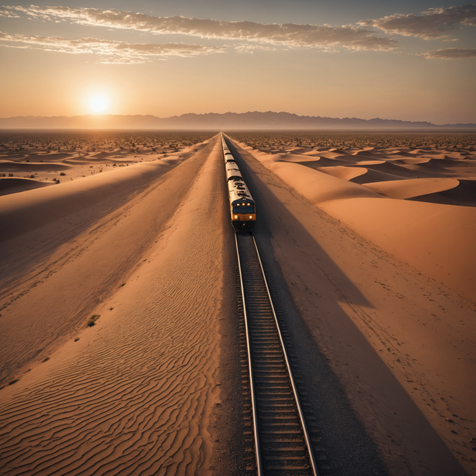 A Train Cuts Through the Vastness of the Desert at Sunset