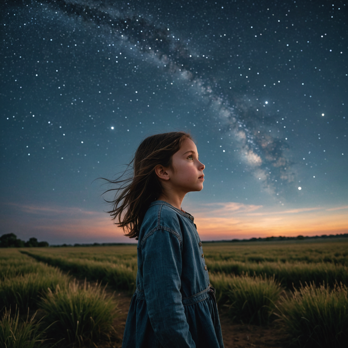 Lost in the Vastness: A Girl’s Dreamy Gaze at the Night Sky