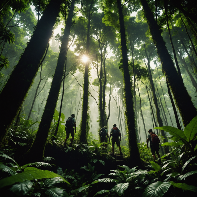 Lost in the Emerald Embrace: Hikers Journey Through a Sun-Dappled Forest