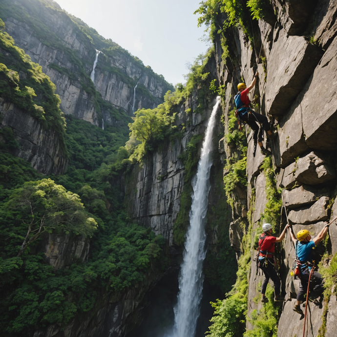 Conquering the Elements: Climbers Face a Majestic Waterfall