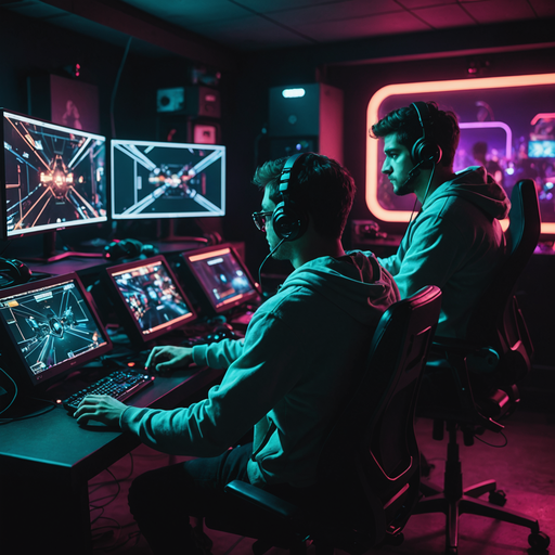 Neon-Lit Intensity: Gamers Immersed in a Futuristic World