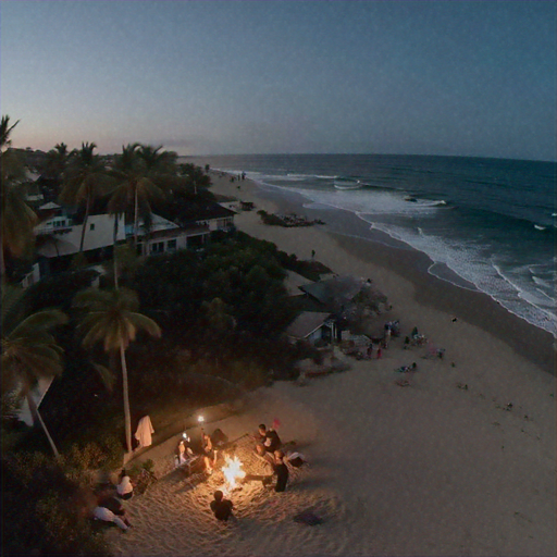 Tranquil Dusk on the Beach: Bonfire Gathering Under Palm Trees