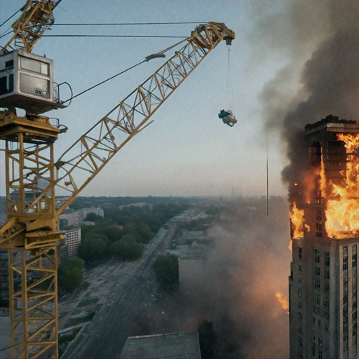 Crane Stands Guard as Building Engulfed in Flames