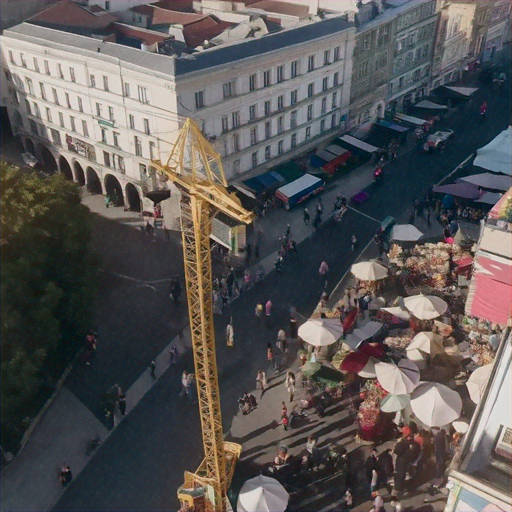 A Bird’s-Eye View of Urban Life: Crane Dominates Busy City Street