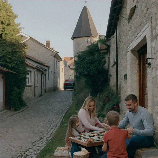 A Family Picnic in a Quaint European Alleyway