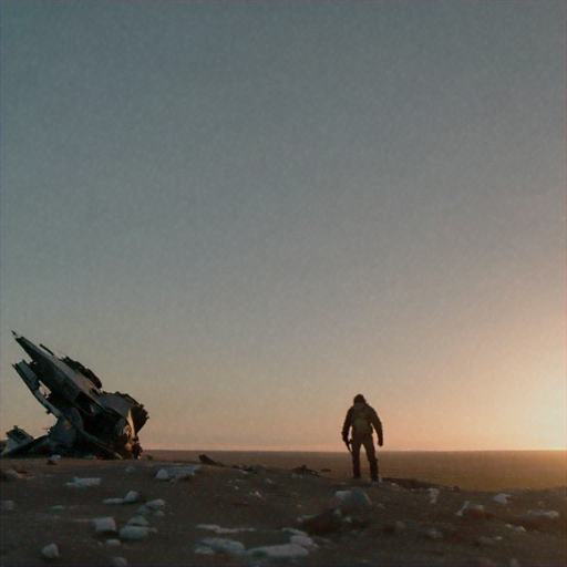 Lost in the Vastness: A Solitary Figure Amidst a Crashed Spaceship