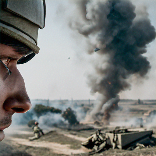 Soldier Gazes at Distant Explosion, Smoke Plume Dominates