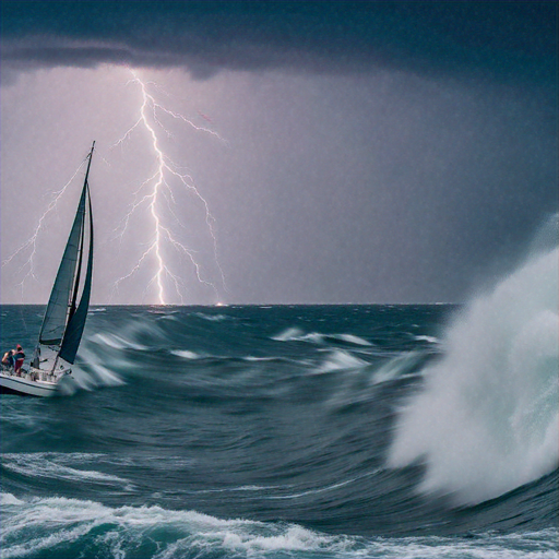 Lightning Strikes as Sailboat Battles Rough Seas