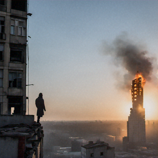 Silhouetted Against the Flames: A Lone Figure Contemplates the End