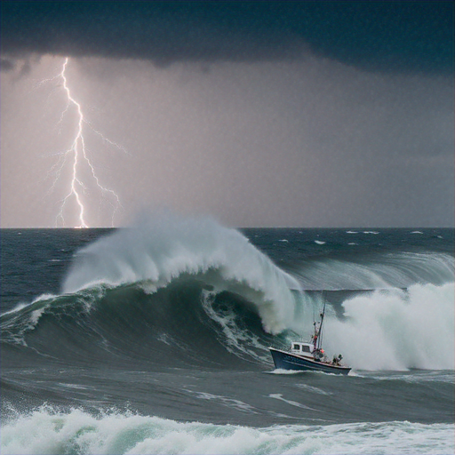 A Lone Boat Battles a Furious Storm