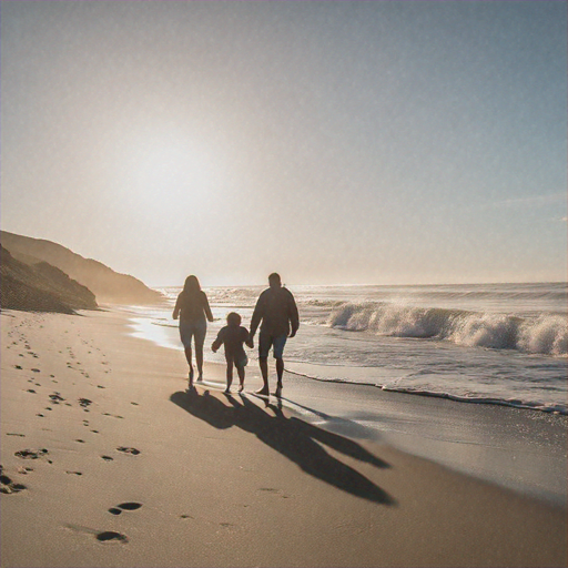 Sunset Silhouettes: A Family’s Tranquil Walk on the Beach