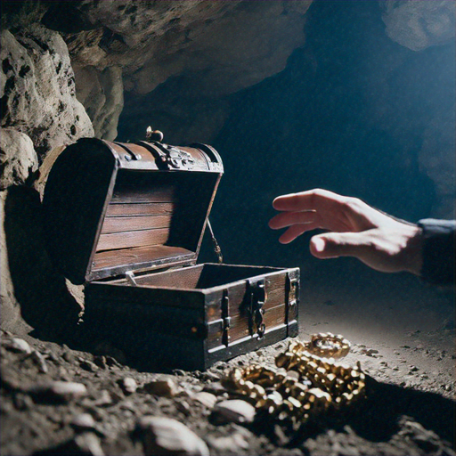 Unveiling the Treasure: A Hand Reaches for Gold in a Mysterious Cave