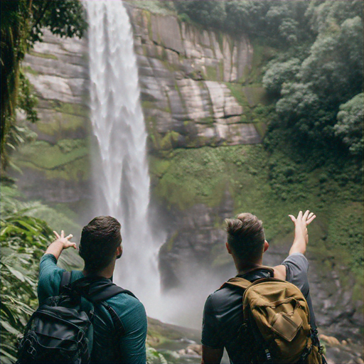 Awe-Inspiring Waterfall: Two Men Embrace Nature’s Majesty