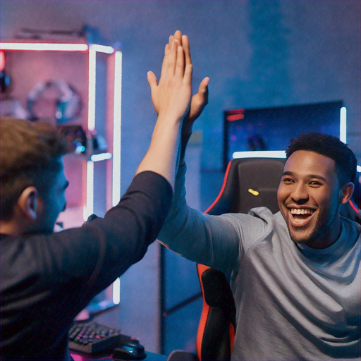 High Five! Celebrating Victory in a Neon-Lit Gaming Room