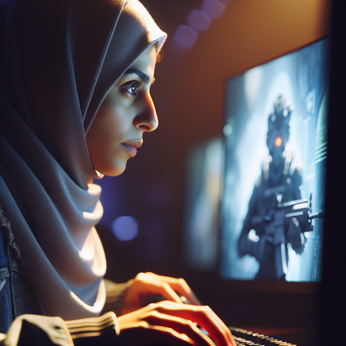 The Glow of Focus: A Hijabi Gamer’s Intense Concentration