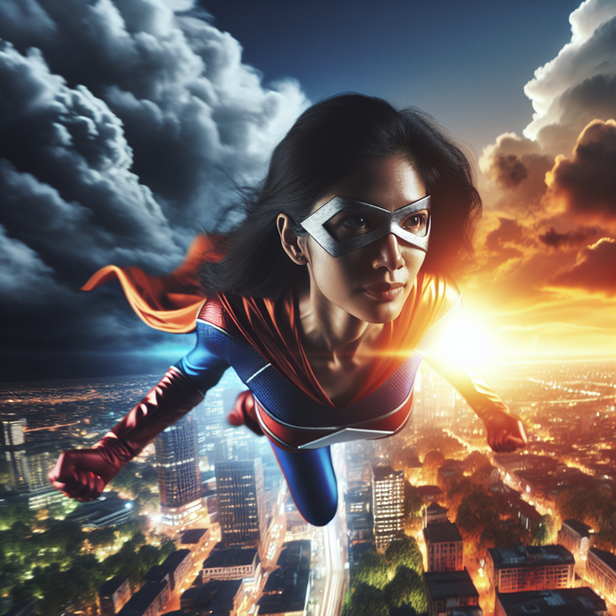 Soaring Above the City: A Superhero’s Sunset Flight