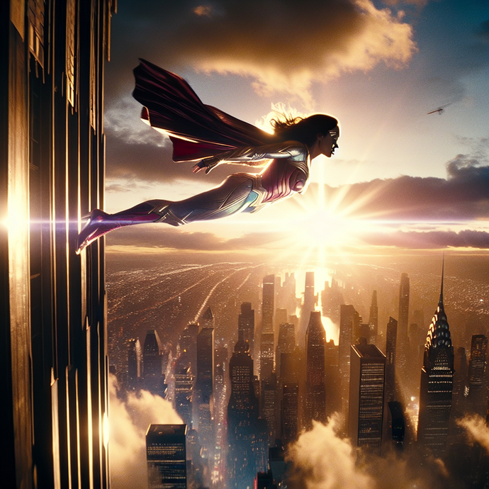 Soaring Above the City: A Superhero’s Epic Sunset Flight