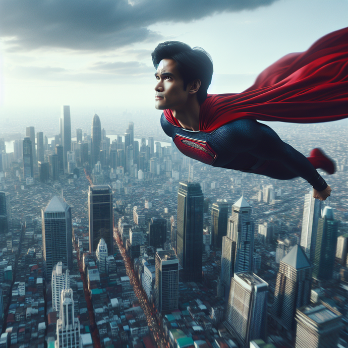 Soaring Above the City: A Superhero’s Determined Flight